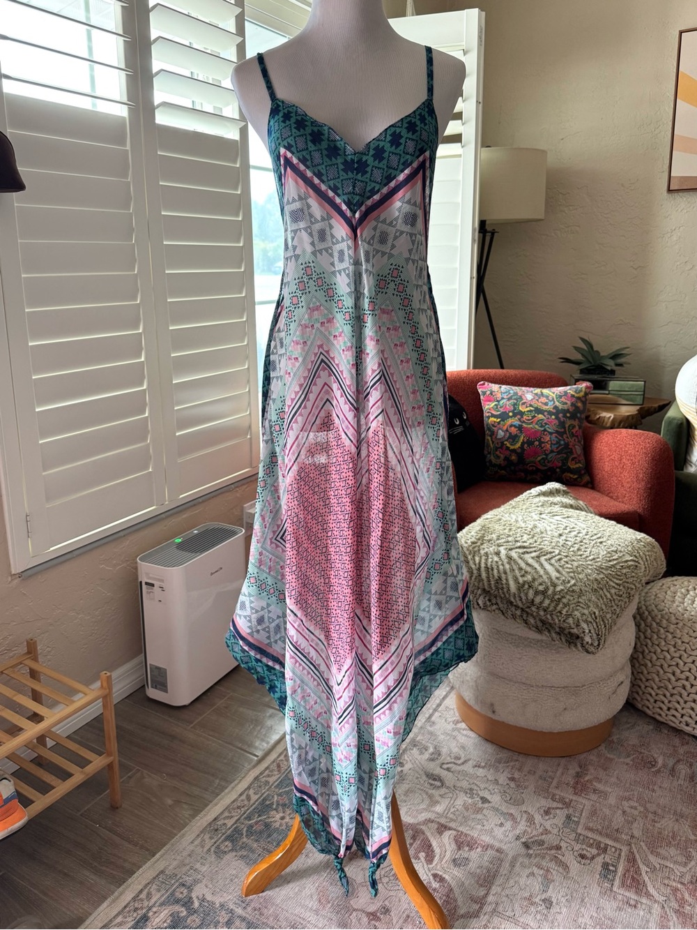 F21 Sheer Boho V-Neck Pink & Teal Maxi Cover Up/Dress - Picture 1 of 5
